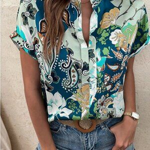 Breezaya Paisley & Floral Print Dolman Sleeve Popover Blouse size 8/10 Large New